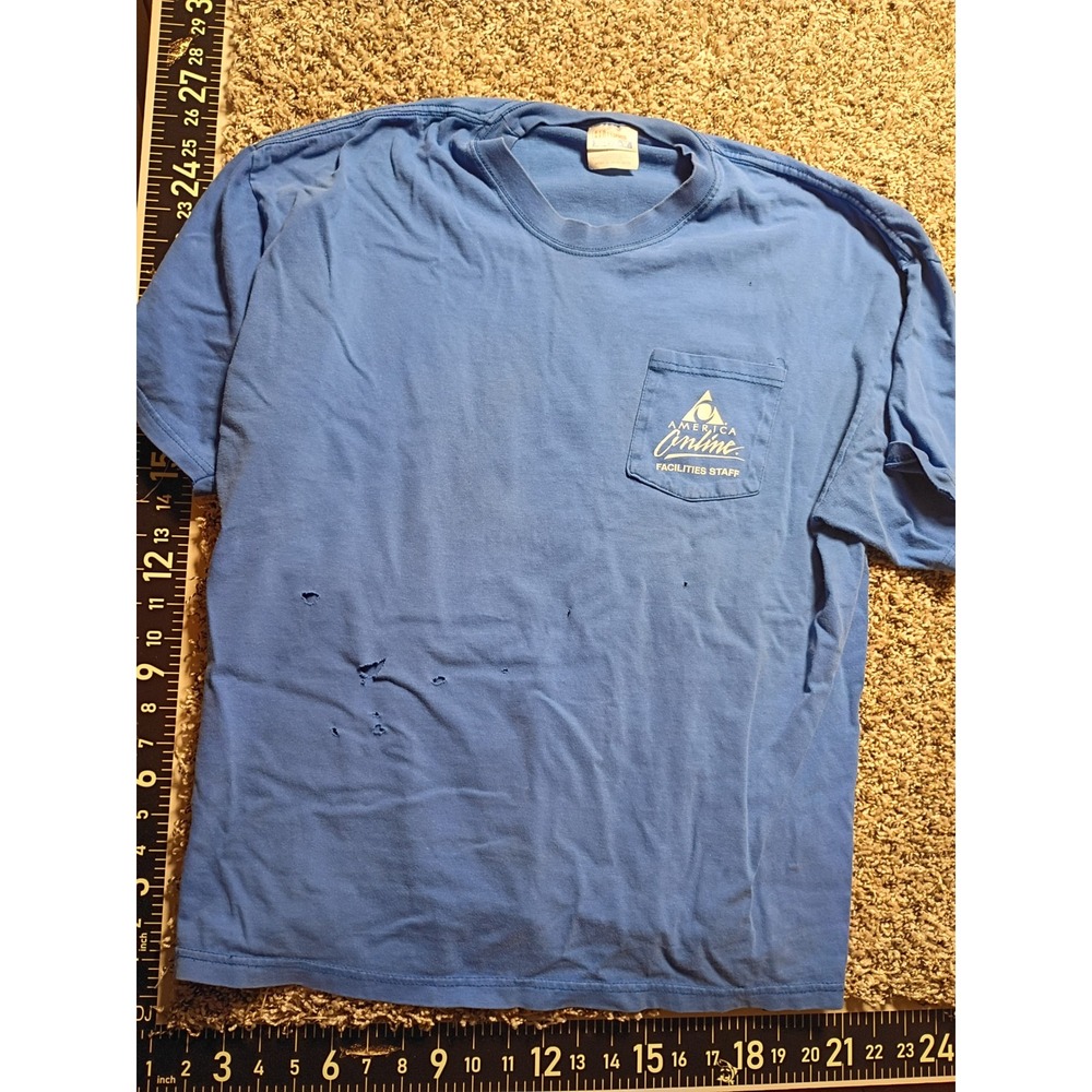 Vintage Hanes Beefy-T AOL America Online Facilities Staff Pocket T-Shirt Blue XL